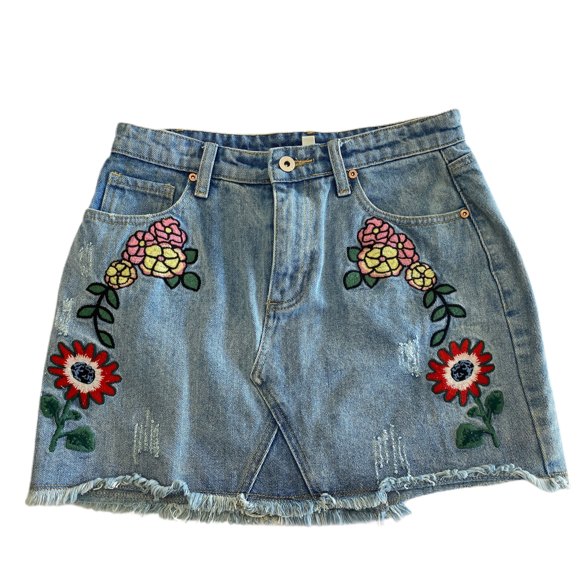 Dance & Marvel print distressed denim mini skirt SIZE MEDIUM | Finer Things Resale