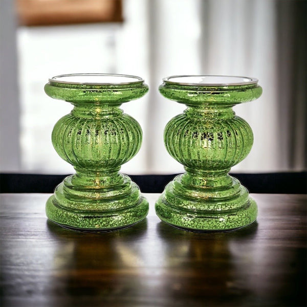 QVC Green Mercury Glass Lit Pillar Candle Holders with Mirror SET OF 2 BRAND NEW | Finer Things Resale
