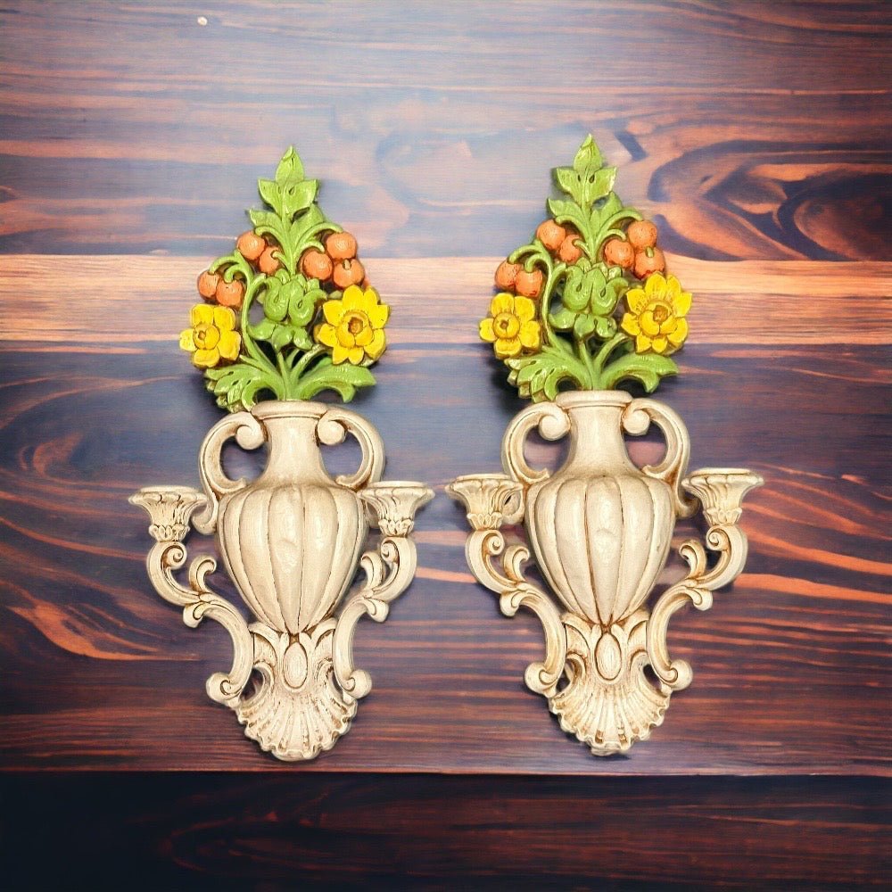 Homco Double Candle Wall Sconce Urn Flower  Set of 2 VINTAGE 1965 | Finer Things Resale