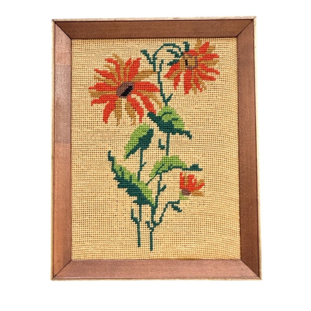 Cross Stitch Floral 10x13 burlap completed picture with frame VINTAGE 1970's | Finer Things Resale