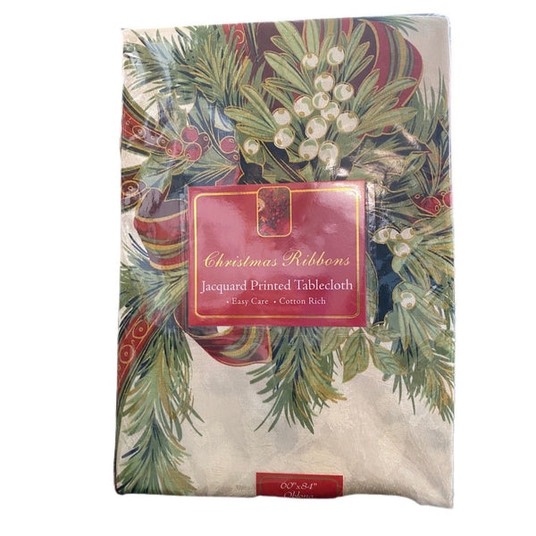 Benson Mills Christmas Ribbons Jacquard Printed Tablecloth 60X84 NEW! | Finer Things Resale