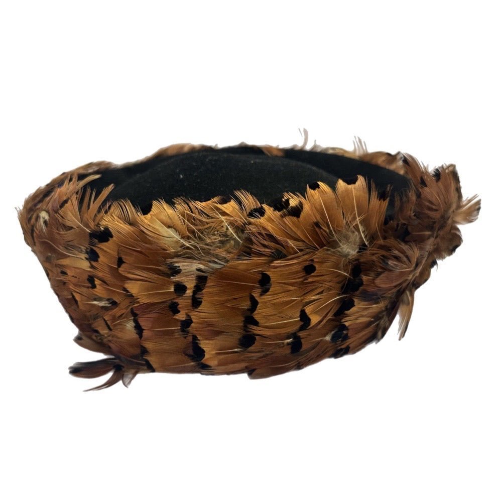 Pheasant feather trim wool pillbox hat VINTAGE 1960's 1970's | Finer Things Resale