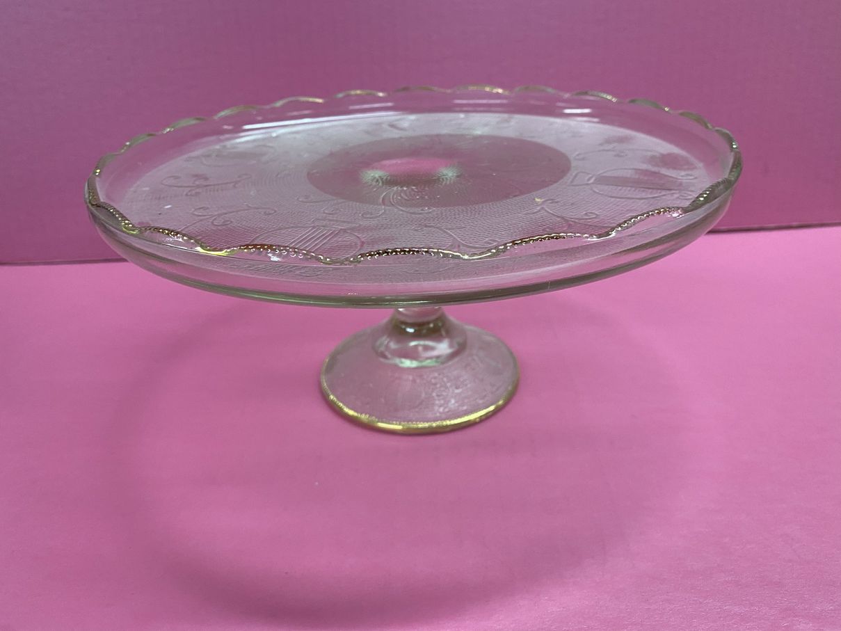 Jeannette Glass Harp pattern cake stand gold scallop edges Depression Glass | Finer Things Resale