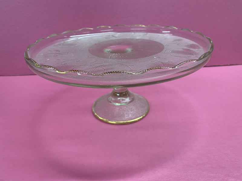 Jeannette Glass Harp pattern cake stand gold scallop edges Depression Glass | Finer Things Resale