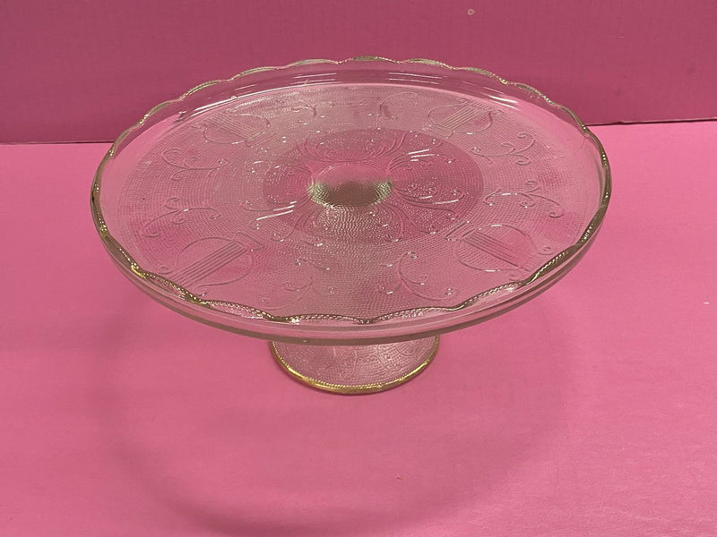 Jeannette Glass Harp pattern cake stand gold scallop edges Depression Glass | Finer Things Resale